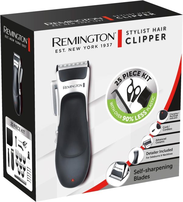 Remington Hair Clipper and Detail Trimmer (25 Piece kit incl. 6 Sectioning Clips, 6 Comb attachments (3mm-25mm), Ear Taper Combs, Scissors, Storage Pouch etc., 40 Minutes Cordless Usage) HC367 - Image 6