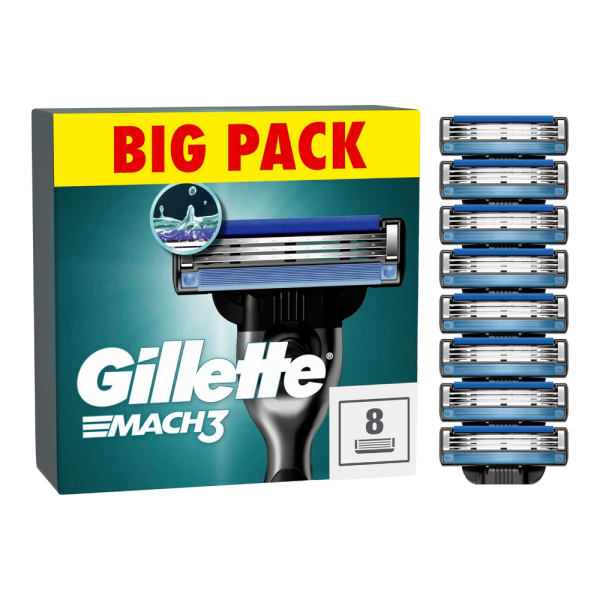 Gillette Mach3 Razor Blades Men, Pack of 8 Razor Blade Refills, Upgraded Lubrastrip for an Enhanced Glide