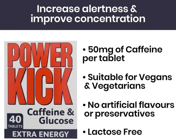 PowerKick Caffeine & Glucose | Extra Energy | Vegan | 50g | 40 Tablets - 6 packs - Image 4
